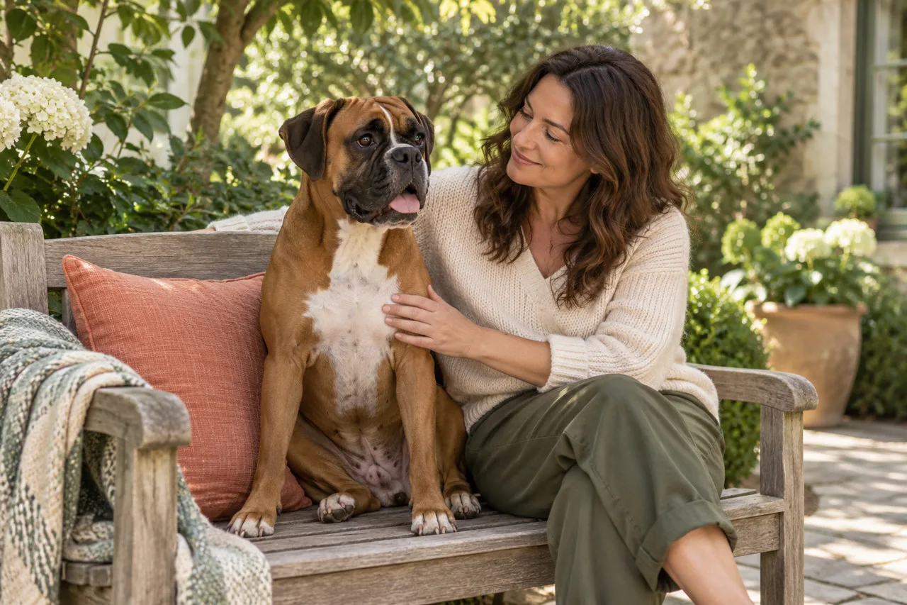 A Boxer-type dog sits beside its owner in an illustrative garden seating area